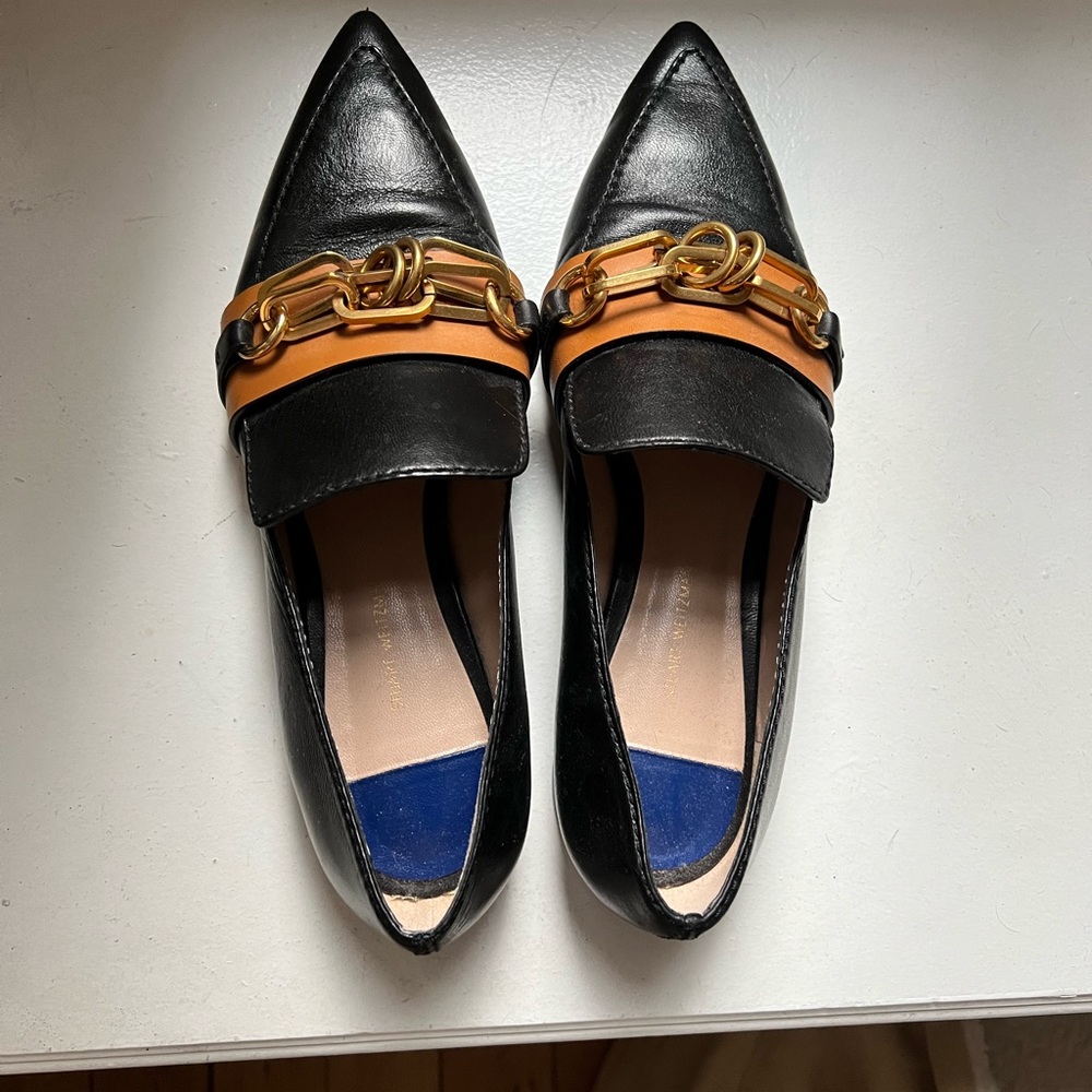 Stuart Weitzman Black Tan Gold Chain Flats Loafers